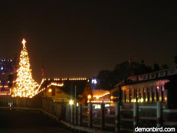 Train in Ghost Town with Christmas tree